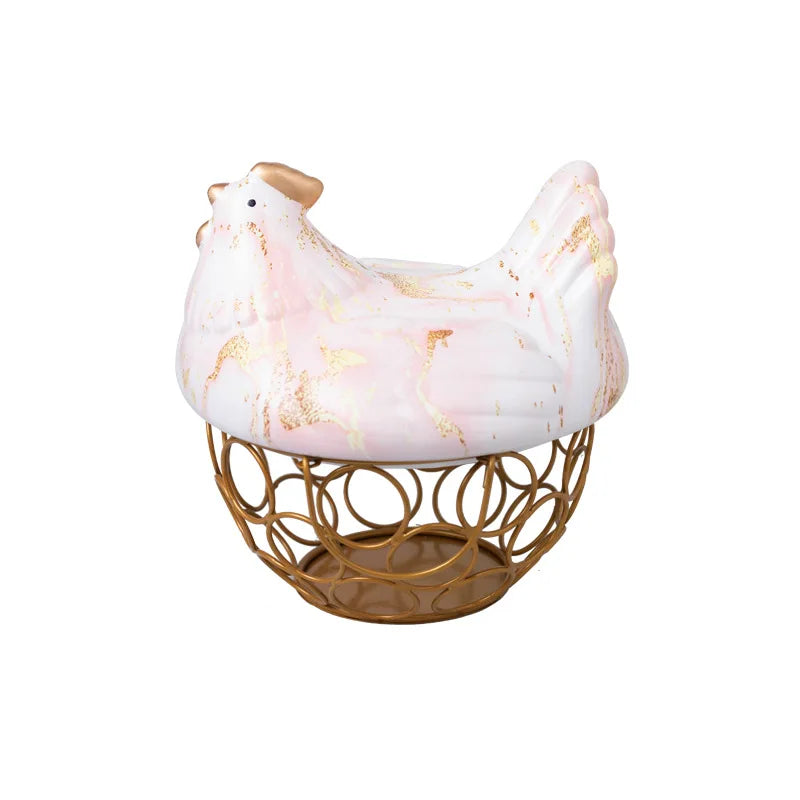 Ceramic Hen Egg Basket Metal Hollow Fruit Basket Garlic Potato Sundries Basket Kitchen Storage Container Hen Kitchen Decoration