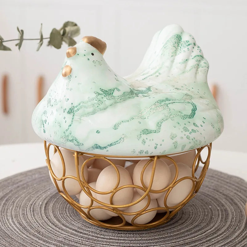 Ceramic Hen Egg Basket Metal Hollow Fruit Basket Garlic Potato Sundries Basket Kitchen Storage Container Hen Kitchen Decoration