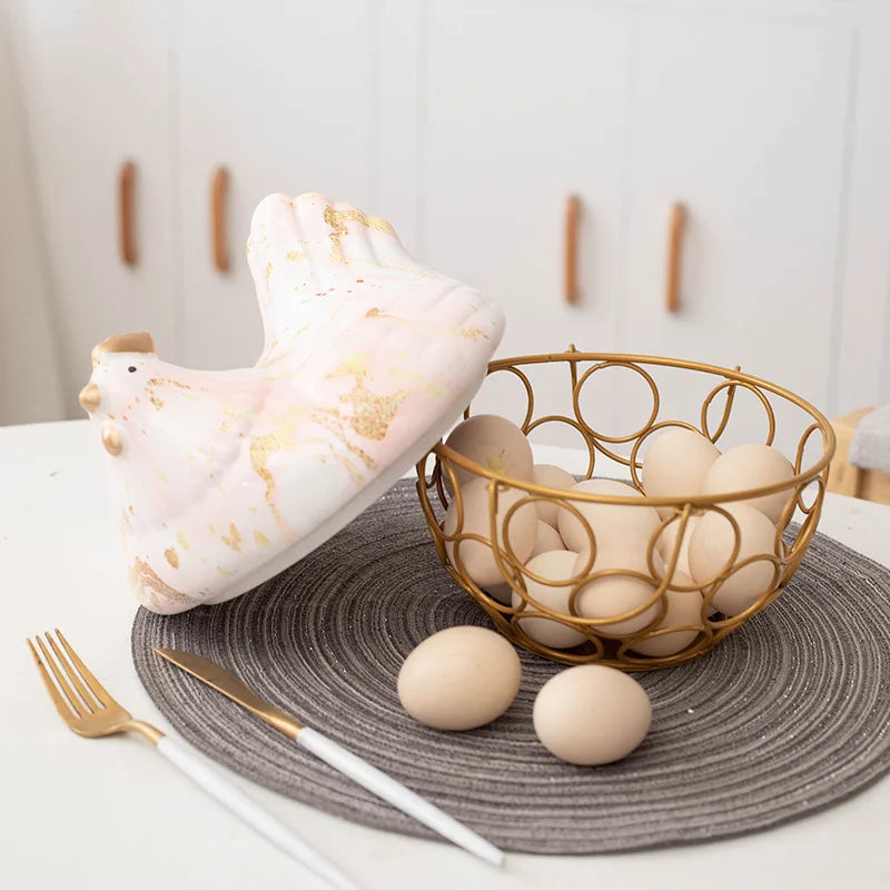 Ceramic Hen Egg Basket Metal Hollow Fruit Basket Garlic Potato Sundries Basket Kitchen Storage Container Hen Kitchen Decoration