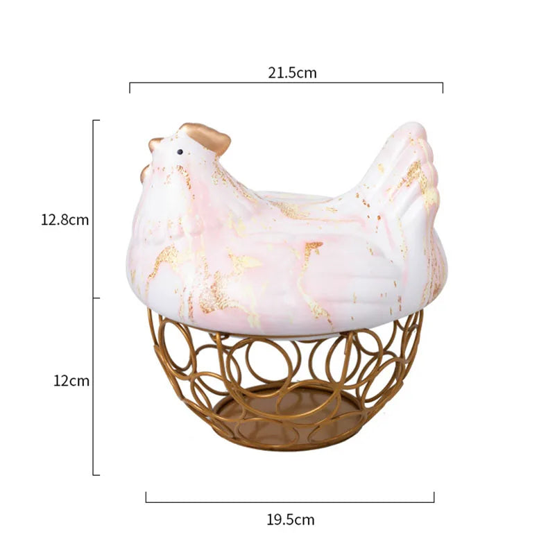 Ceramic Hen Egg Basket Metal Hollow Fruit Basket Garlic Potato Sundries Basket Kitchen Storage Container Hen Kitchen Decoration